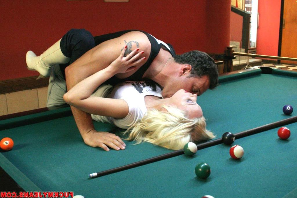 15P Horny blonde in tight blue jeans gets pussy fucked on pool table