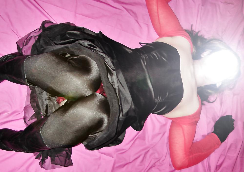 14P Black spandex suspender tights, satin dress and red knickers