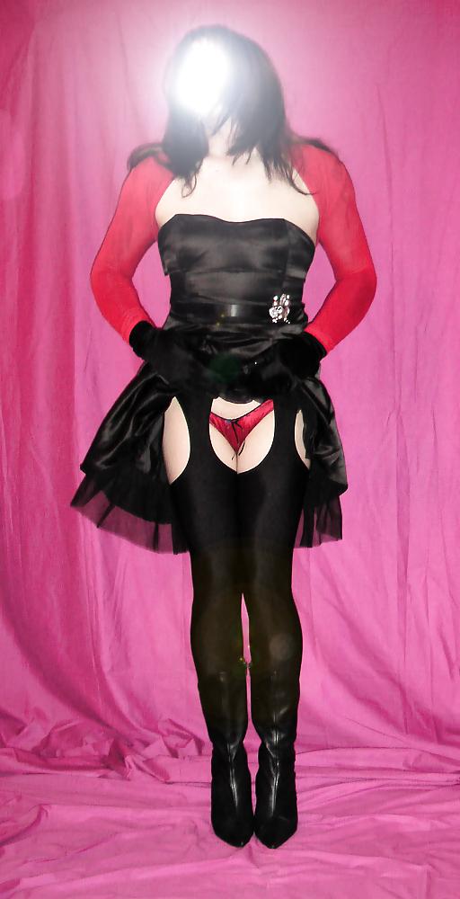 14P Black spandex suspender tights, satin dress and red knickers
