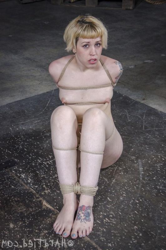 16P Elizabeth Thorn blonde in blue dress is bound in rope made to cu