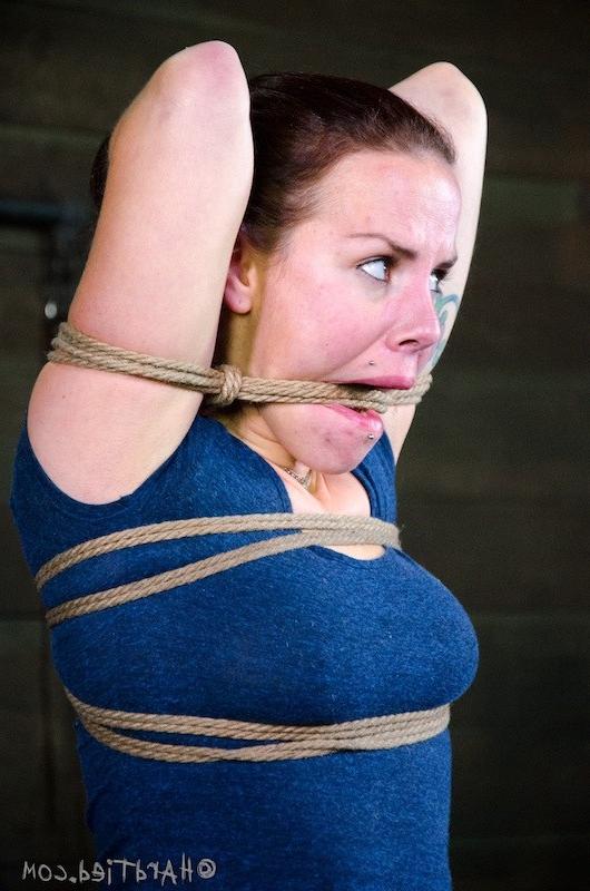 16P Cherry Doll in blue dress and high heels is rope bound and toyed