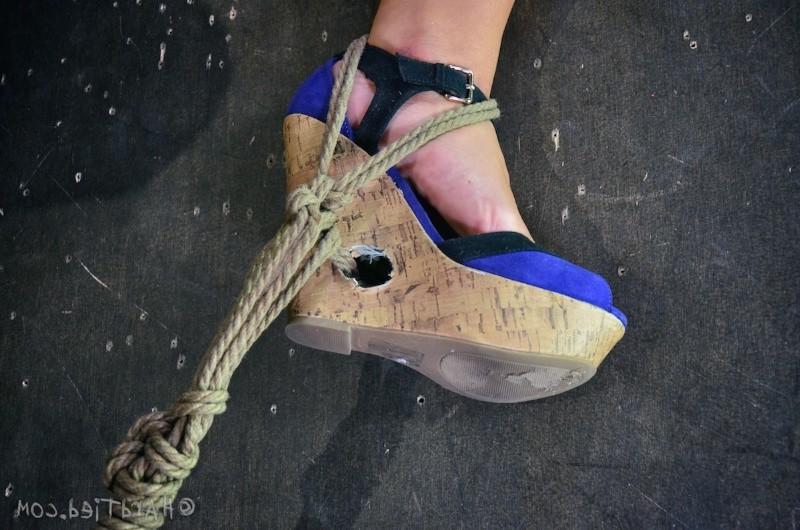 16P Savannah Fox redhead in blue dress is rope bound and made to squirt