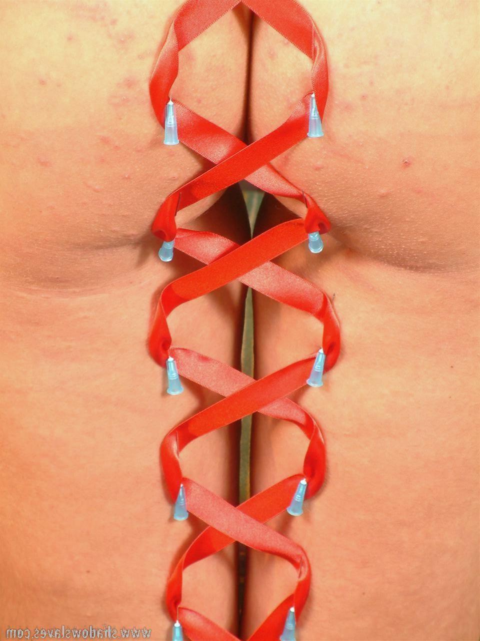 15P Sexy MILF slave in full body needle and ribbon corset