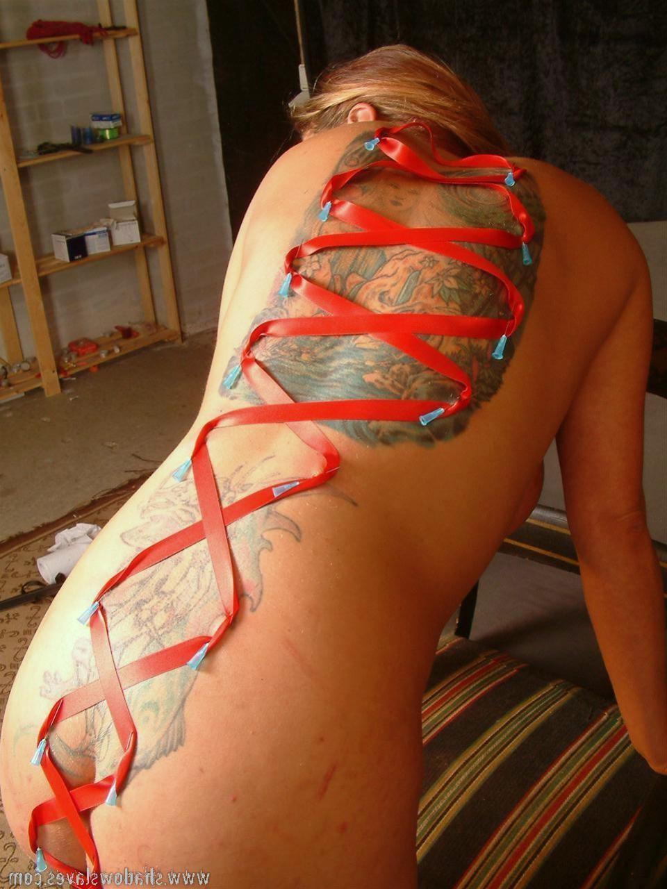 15P Sexy MILF slave in full body needle and ribbon corset