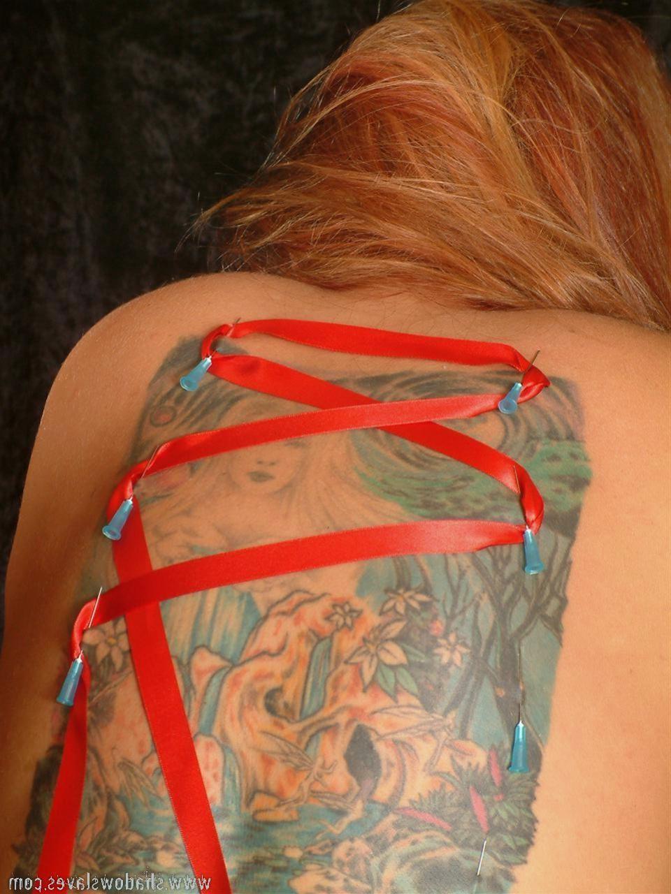 15P Sexy MILF slave in full body needle and ribbon corset
