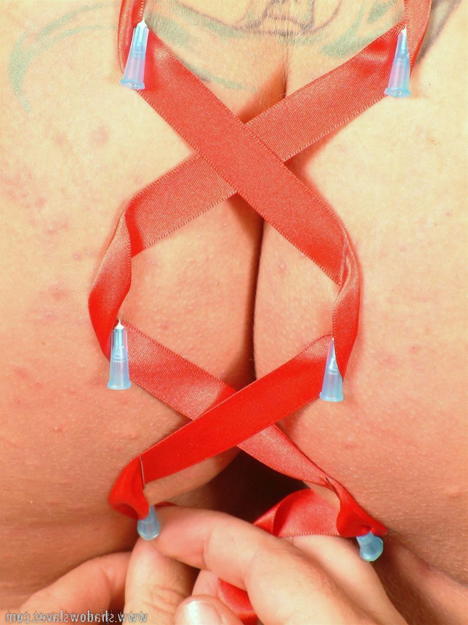 15P Sexy MILF slave in full body needle and ribbon corset