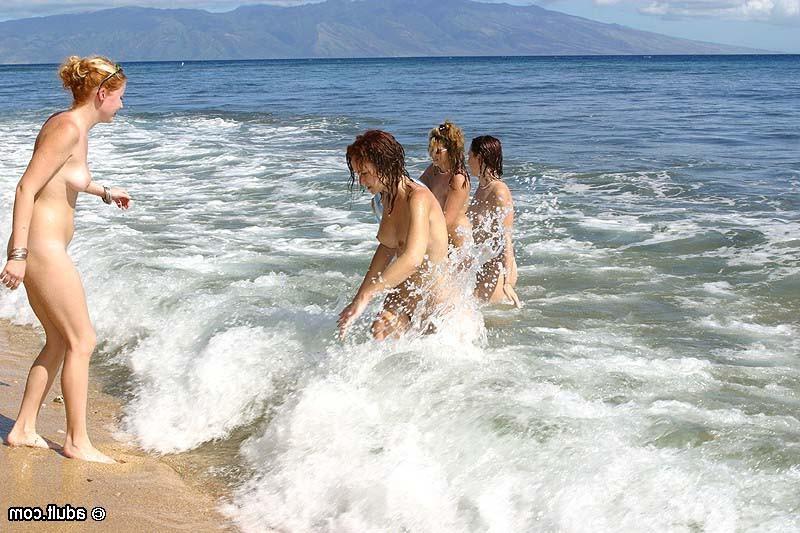 16P Nudist lesbian babes playing beach games and having a foursome