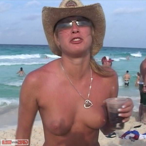10P Drunk cowgirl on the beach takes off her top