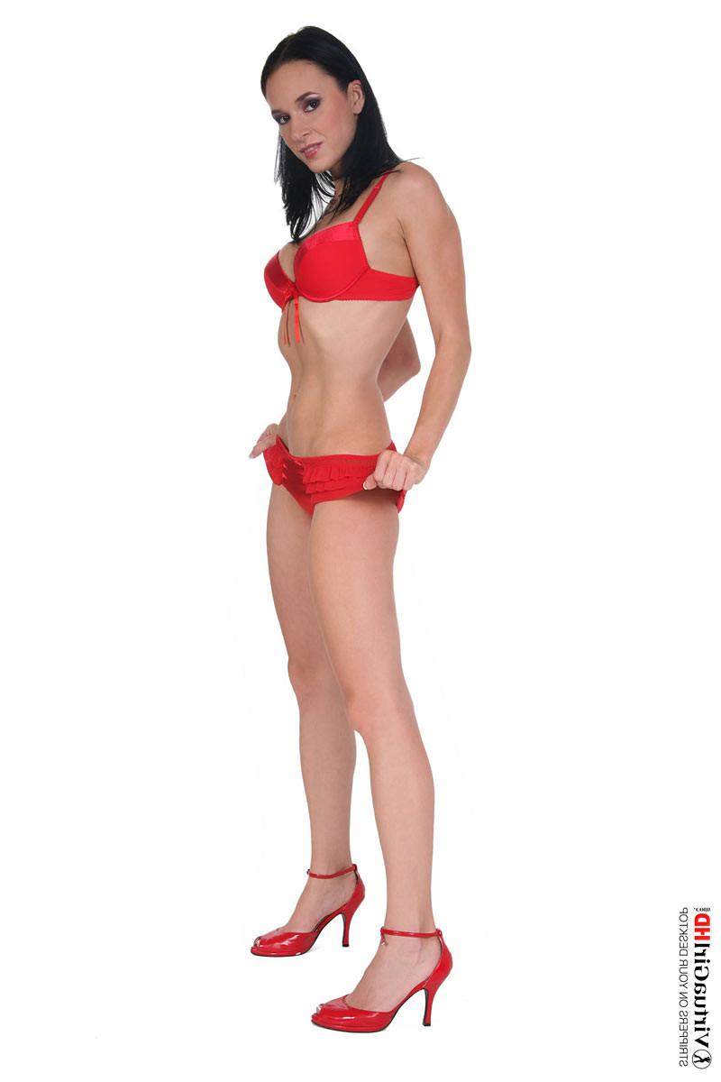 16P Sweet brunette Gwen in red lingerie and high heels
