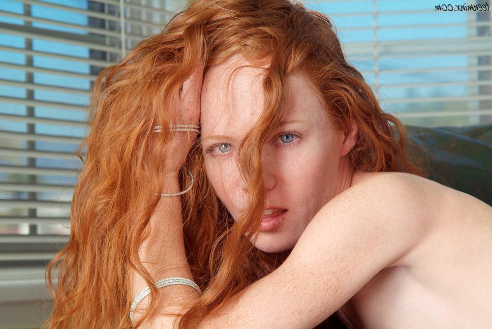 18P Gorgeous petite freckled redhead spreads her pretty pink pussy