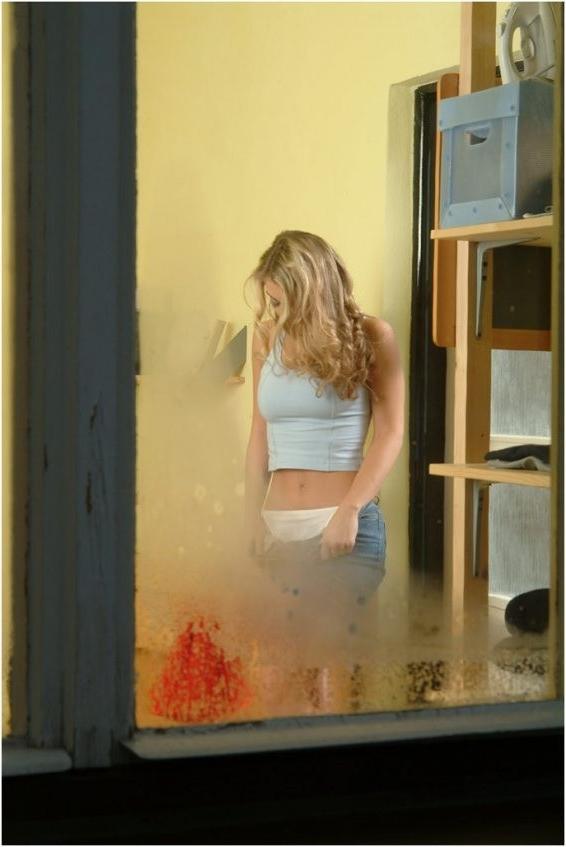 16P Bedroom window spy peeks at hot babe undressing and masturbating