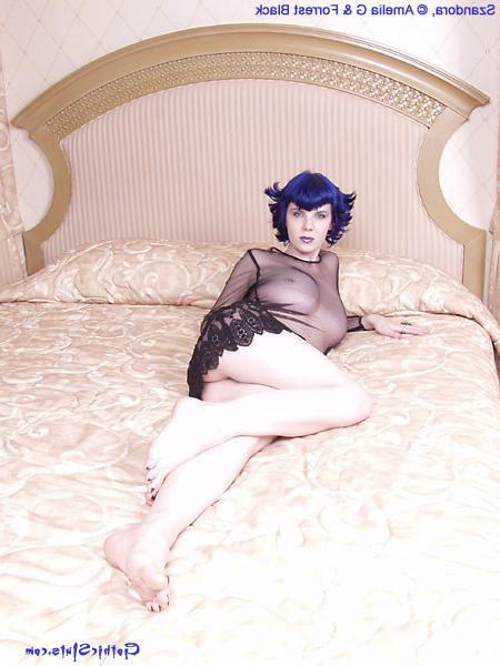 15P Blue haired goth Szandora in see through lace dress