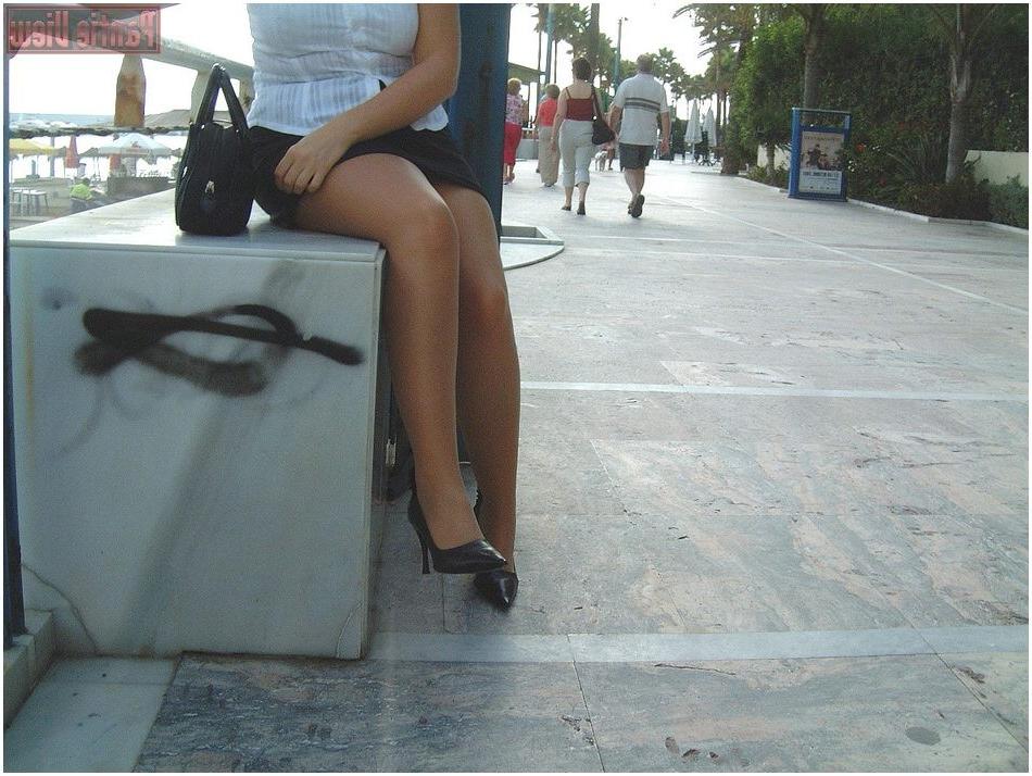 15P Blonde showing here white panties under here pantyhose outdoors