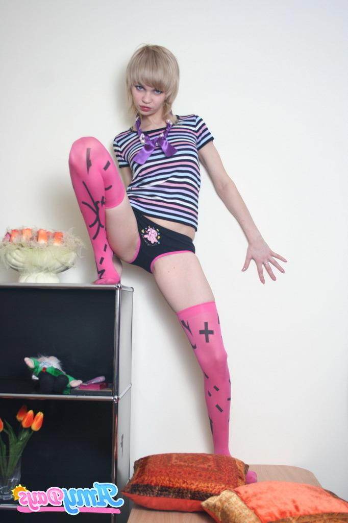 16P Playful blonde teen girl striptease