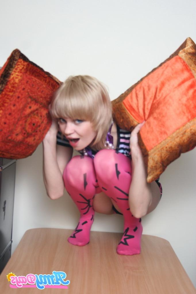 16P Playful blonde teen girl striptease