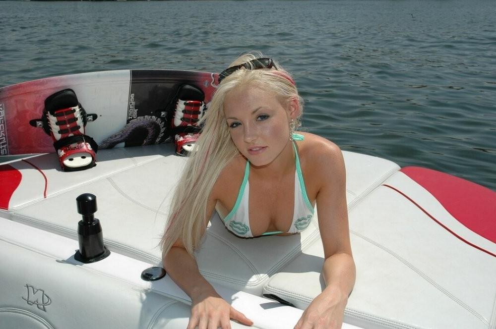 15P Bikini blonde girl laying around like a rich girl on the boat