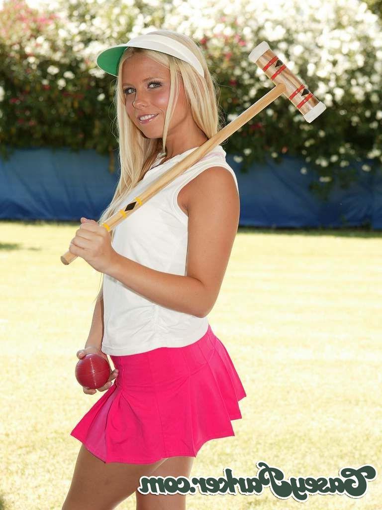 17P Teenage blonde plays with croquette stuff outdoor