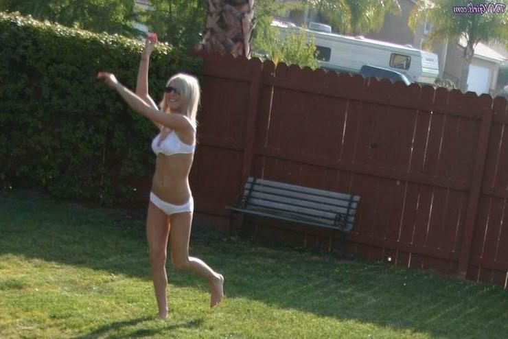 16P blonde teen in white panties and bra posing outdoor