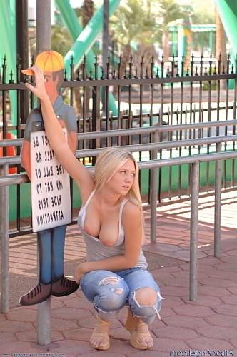 20P Blonde outdoor strip at theme park