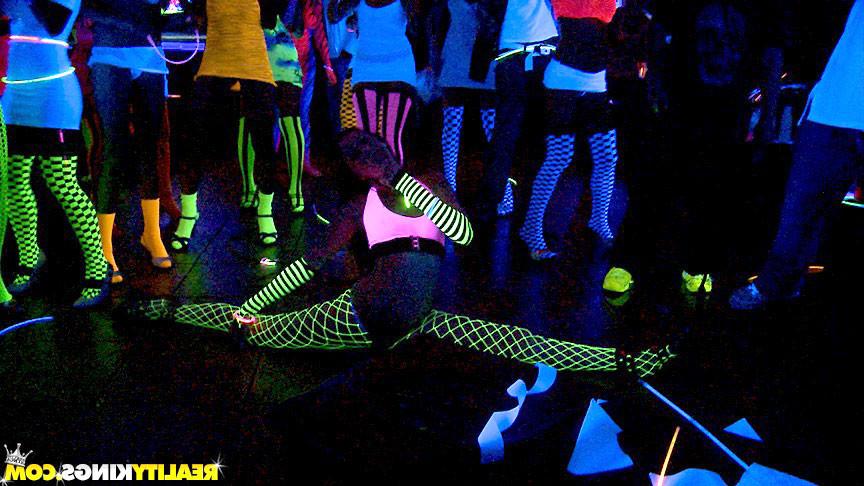 14P Super hot raver babes mastebate and get drilled hard in these hot glow body pain