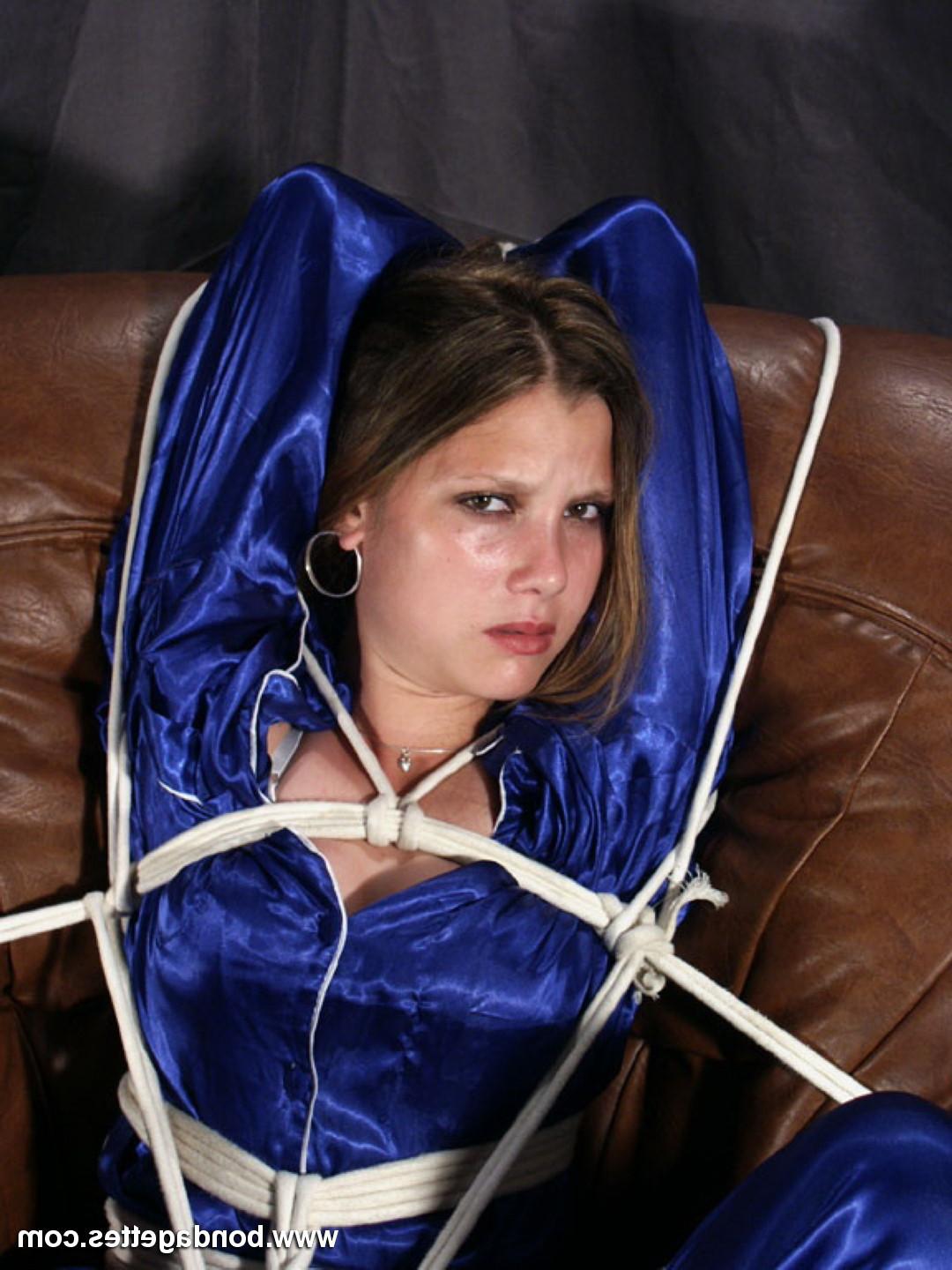 16P Amateur subbie is bound wearing a beautiful blue dress