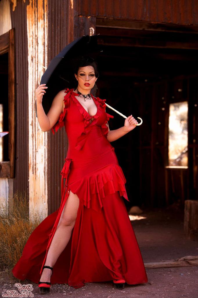 15P Aria Giovanni strips off her red dress and shows her tits