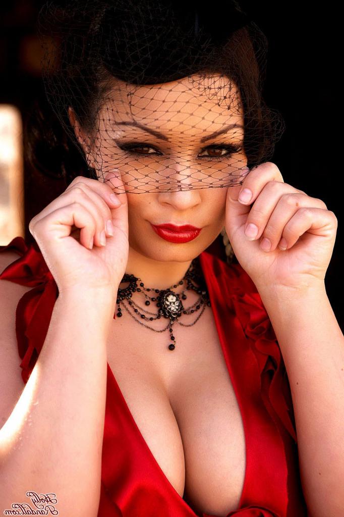15P Aria Giovanni strips off her red dress and shows her tits