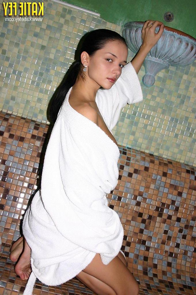 15P Busty teen model in bathrobe