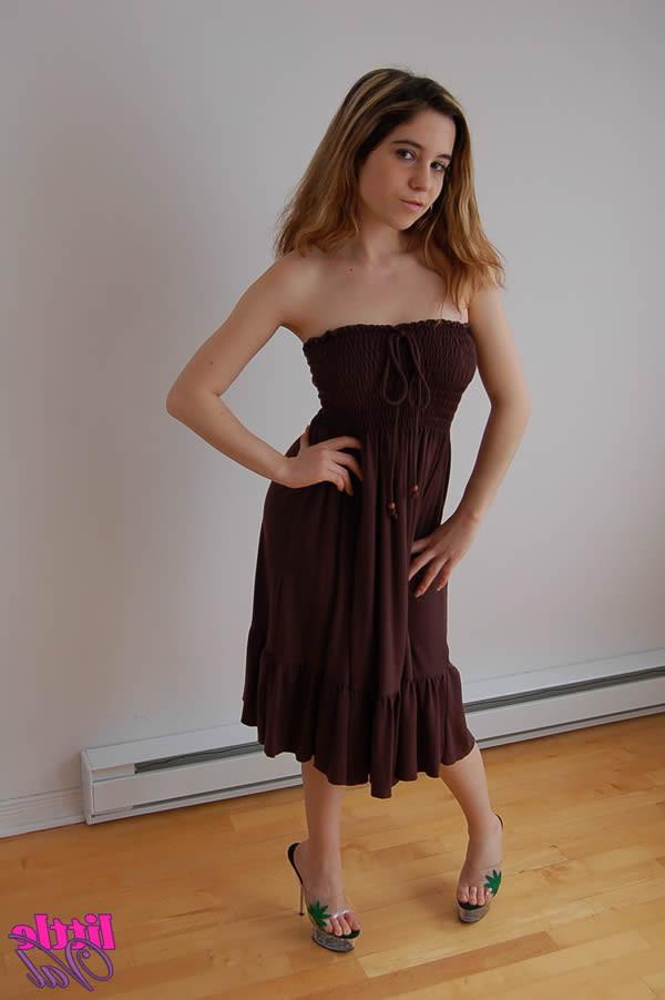 18P Brunette teen little val strips out of her brown dress