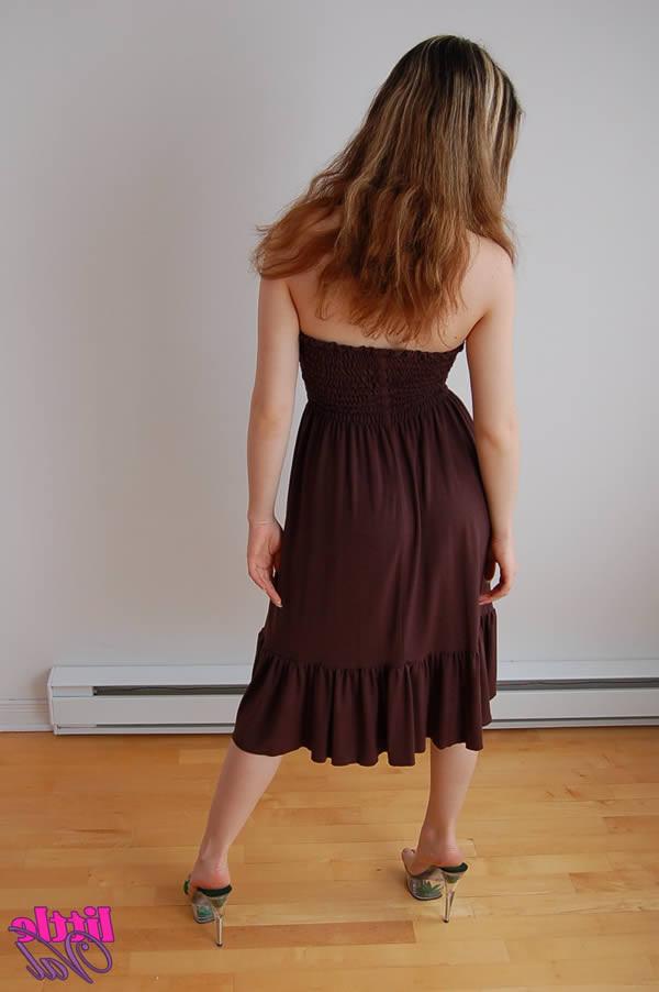 18P Brunette teen little val strips out of her brown dress