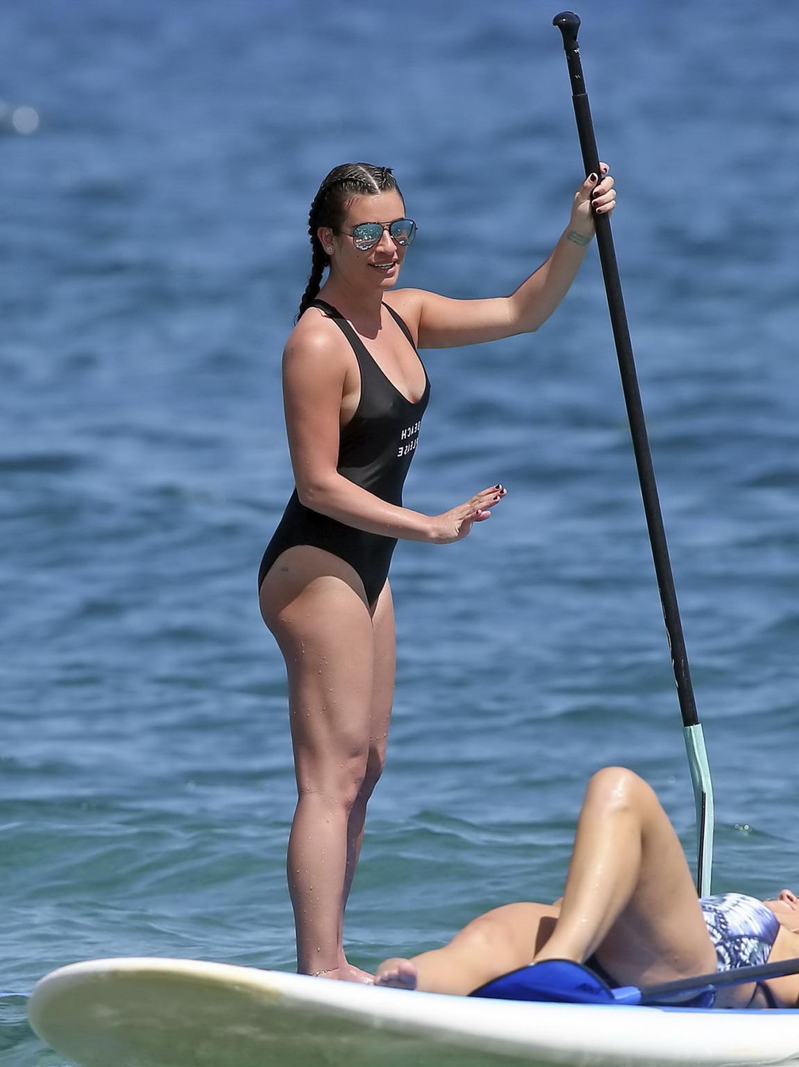 16P Lea Michele showing ass and pokies in black swimsuit