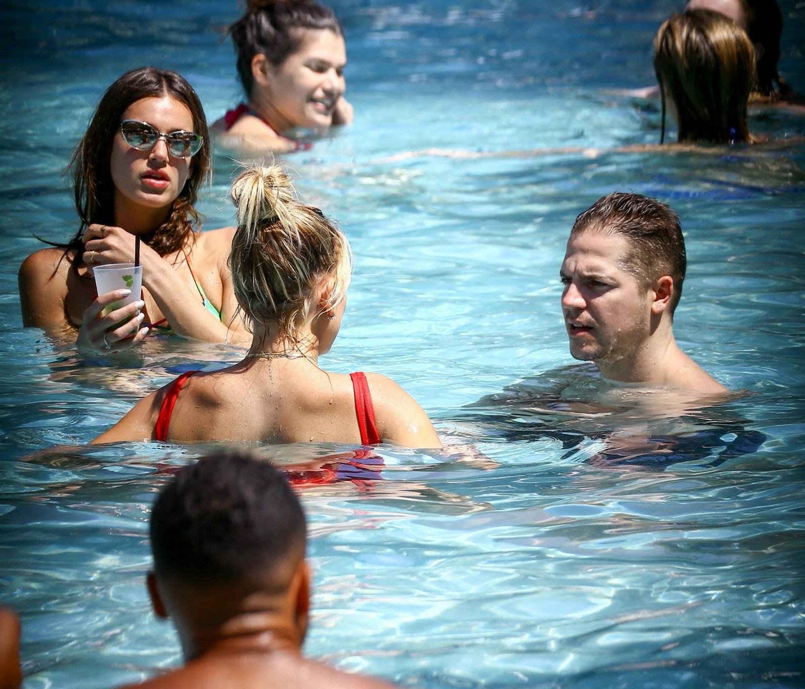 16P Hailey Baldwin showing pokies in red swimsuit