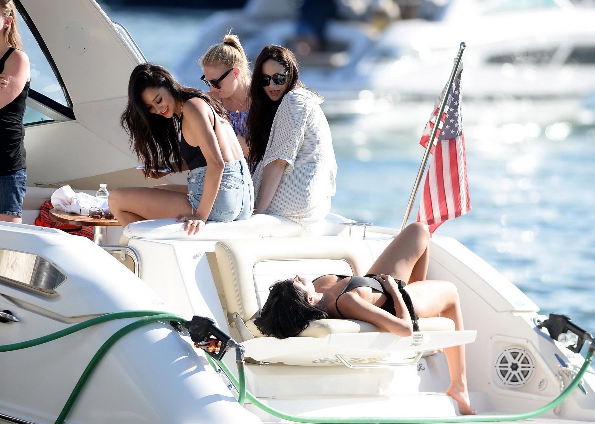 16P Shay Mitchell busty in black swimsuit and denim shorts