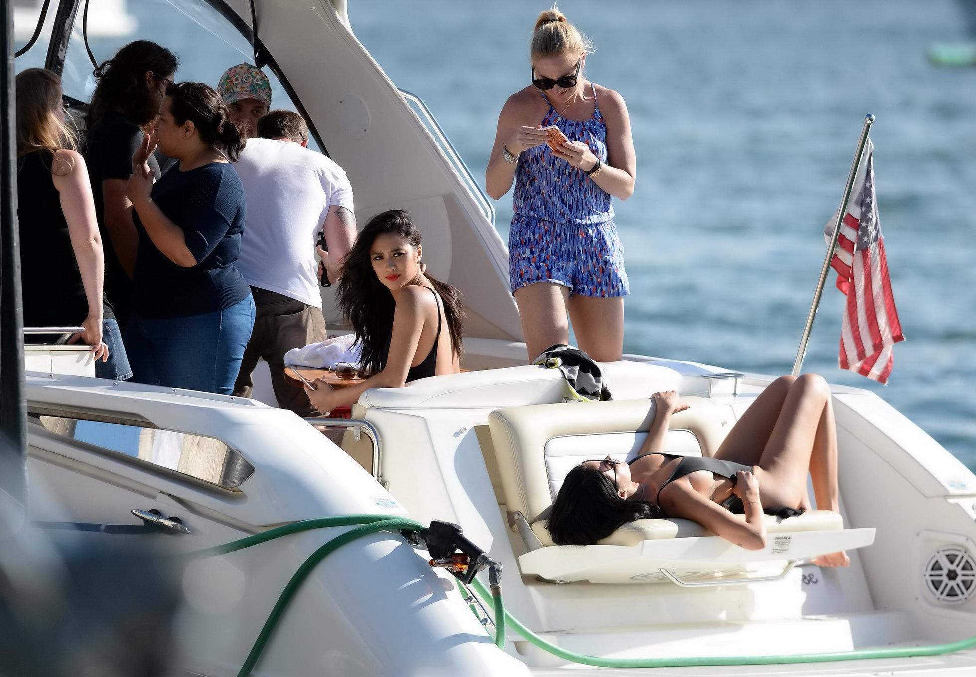 16P Shay Mitchell busty in black swimsuit and denim shorts