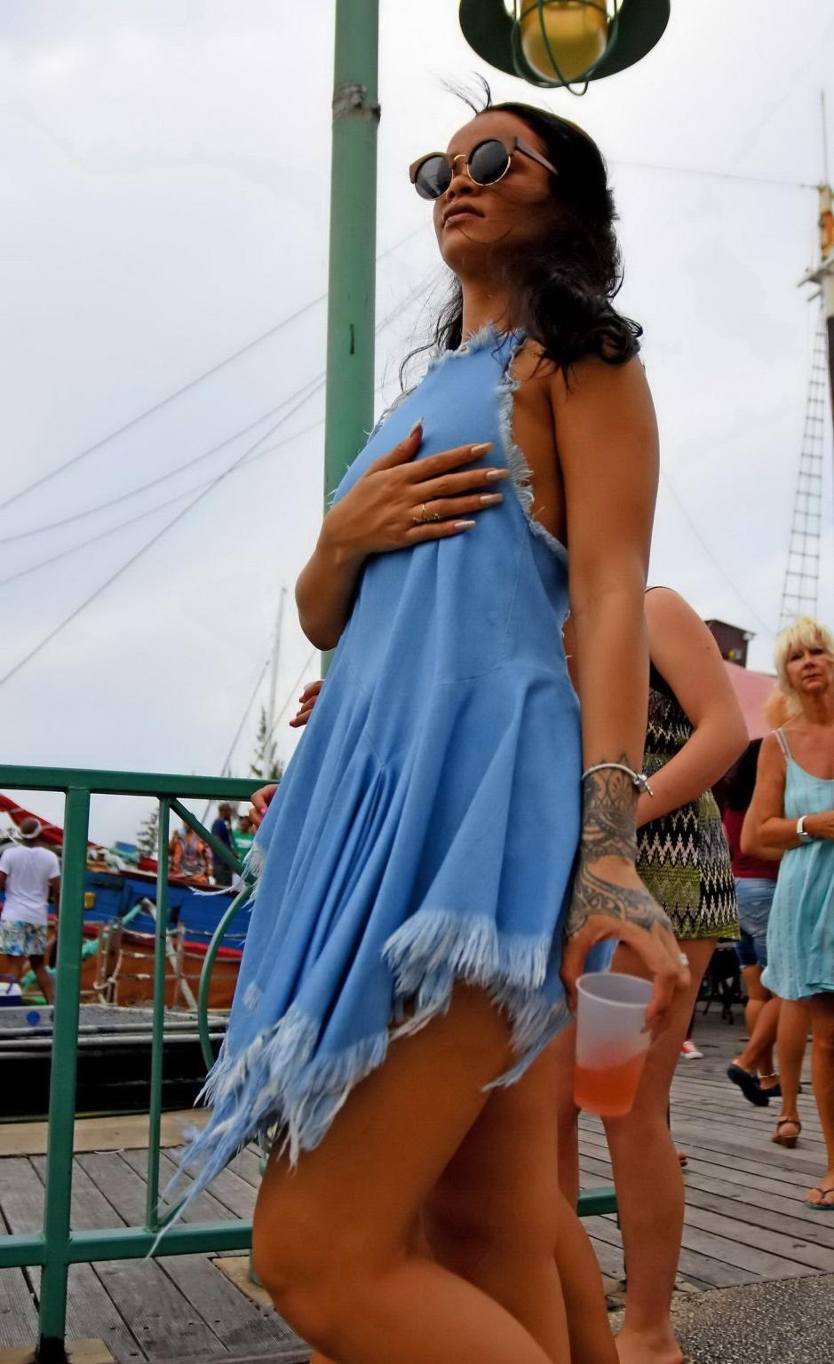 16P Rihanna showing sideboob and pokies in tiny blue dress