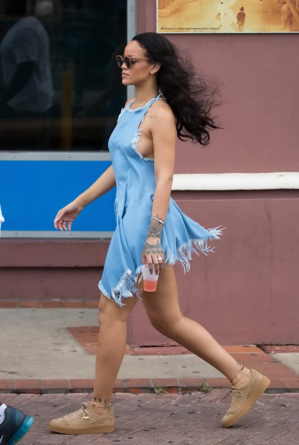 16P Rihanna showing sideboob and pokies in tiny blue dress