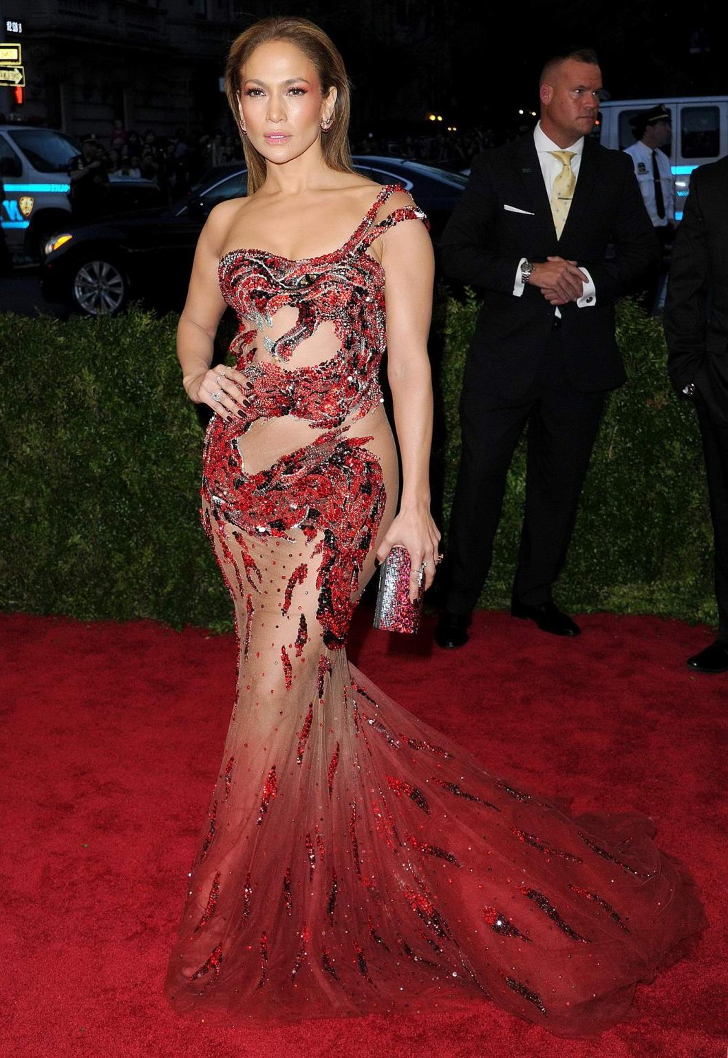 16P Jennifer Lopez pantyless wearing a side see through dress for the Costume Instit