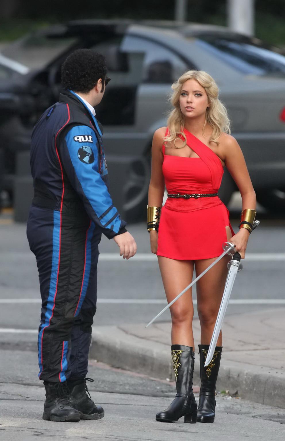 16P Ashley Benson showing ass and sweaty crotch in tiny red costume at the Pixels se