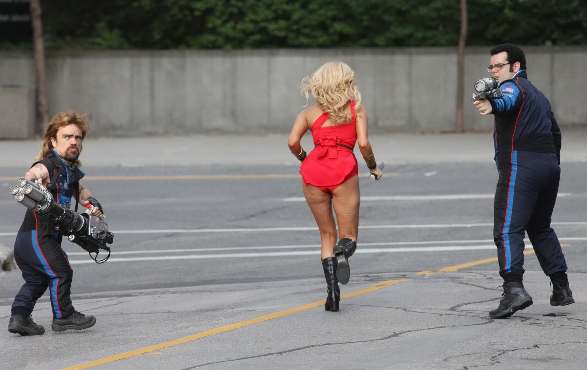 16P Ashley Benson showing ass and sweaty crotch in tiny red costume at the Pixels se