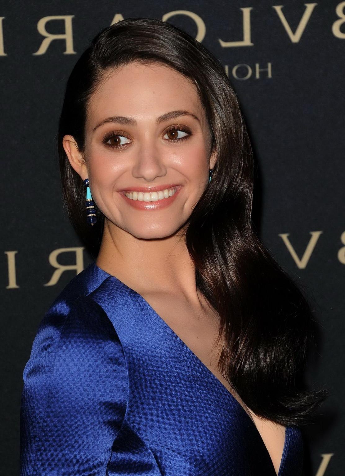 16P Emmy Rossum cleavy and leggy in a skimpy blue dress at the Decades of Glamour Ev