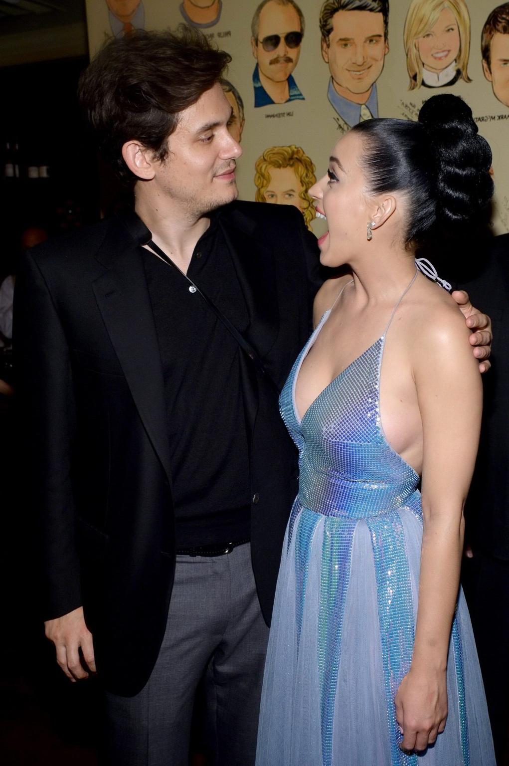 16P Katy Perry braless wearing low cut bareback blue dress at Universal Music Group 