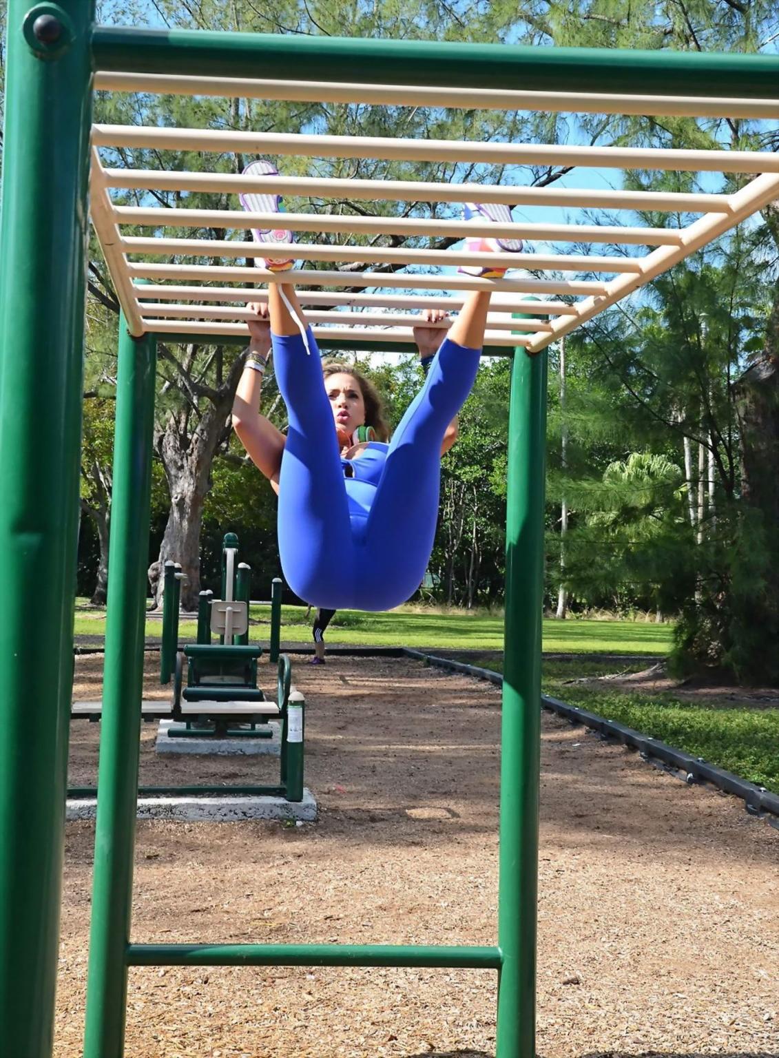 16P Jennifer Nicole Lee nipple-slip in a blue skin tight bodysuit while working out 