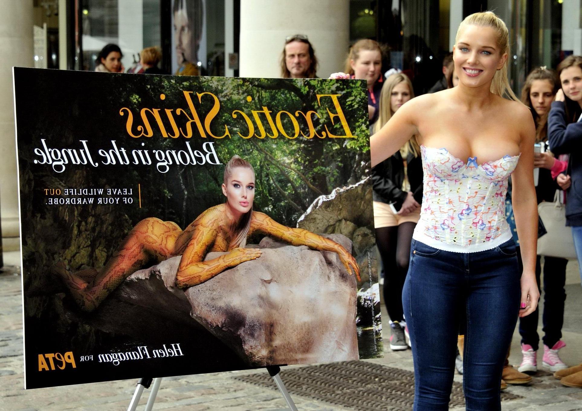 16P Busty Helen Flanagan in corset revealing her body paint PETA ad in Covent Garden