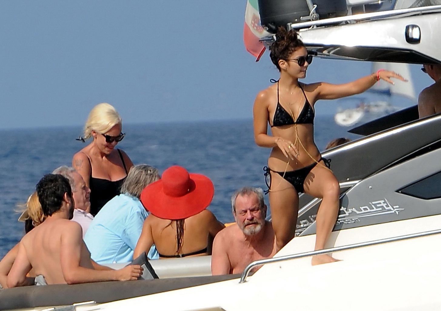 16P Vanessa Hudgens in black bikini doing yoga on a boat in Ischia, Italy