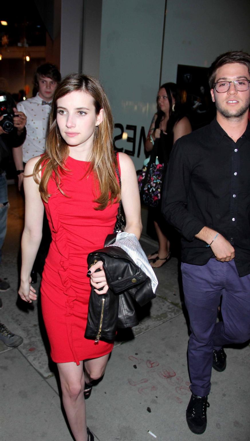 16P Emma Roberts wearing short red dress hot and drunk all night out in Los Angeles