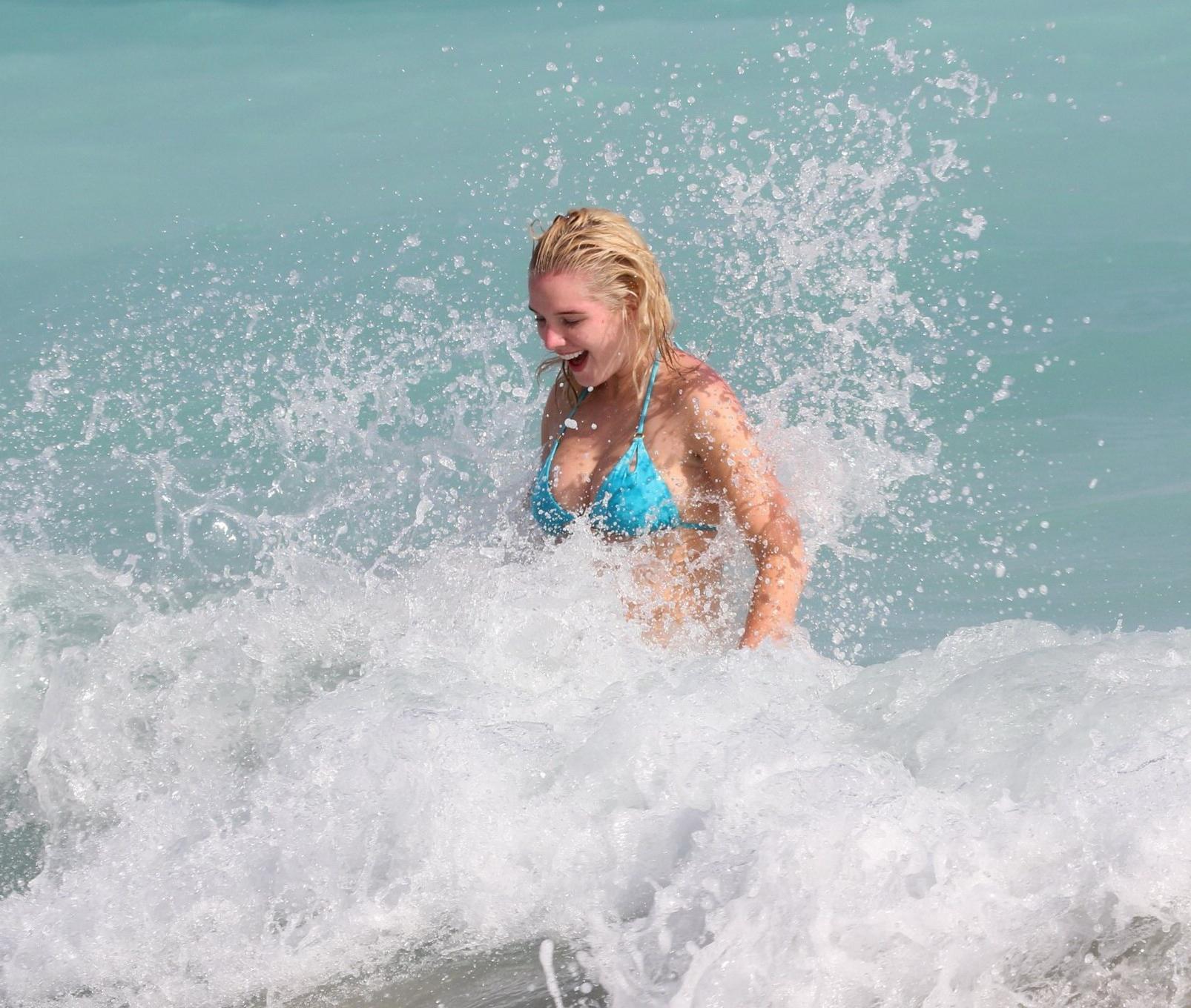 16P Helen Flanagan wearing tiny light blue bikini at a beach in Dubai