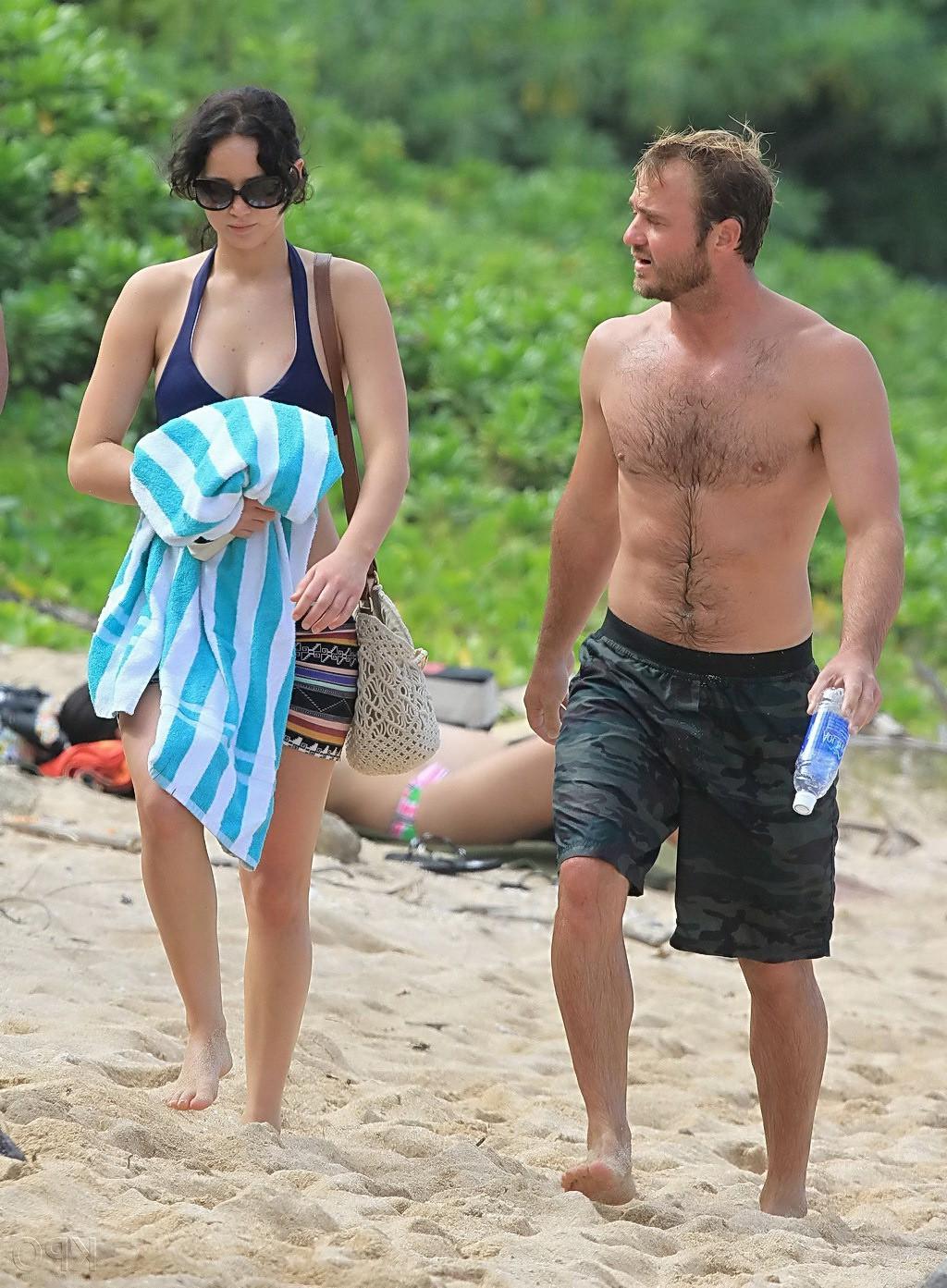 10P Jennifer Lawrence wearing skimpy dark blue bikini at a beach in Hawaii