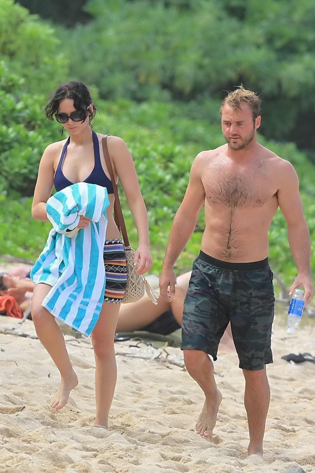 10P Jennifer Lawrence wearing skimpy dark blue bikini at a beach in Hawaii