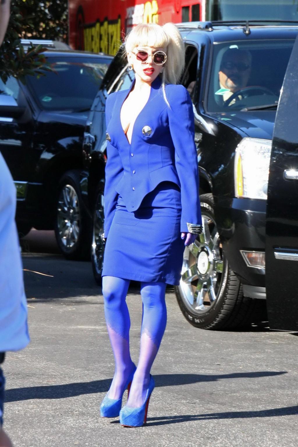 16P Lady Gaga shows side-boob wearing sexy blue outfit outside Amp Radio in LA