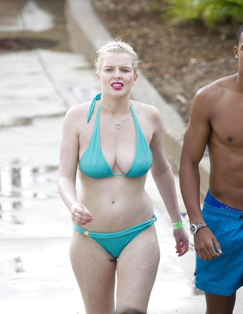 16P Helen Flanagan hint of nipple slip in blue bikini on beach paparazzi pictures